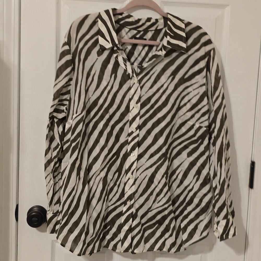 Talbots Zebra Print Button Front Shirt Plus 3X Olive White Cotton Blouse